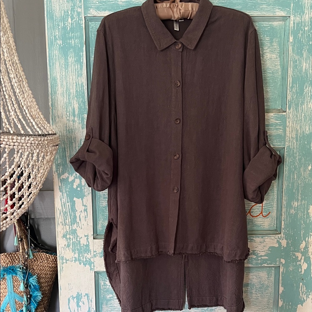 Kleen linen viscose blend, muted charcoal Button-Up jacket, roll up sleeves